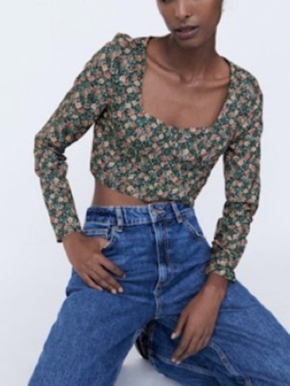 Zara Green Floral Square Neckline Bustier Crop Top XS